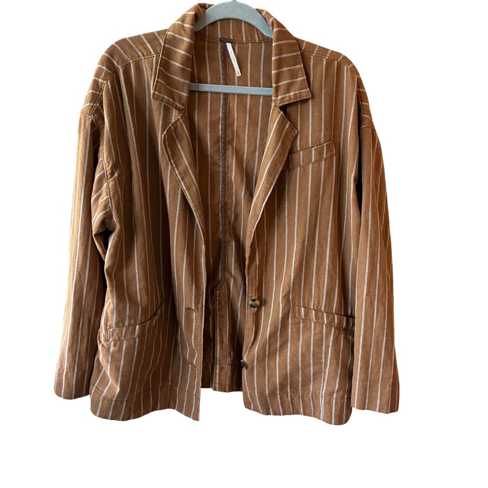 Free People Pinstripe Blazer Womens Size Medium Brown Good Cotton Oversized B217 - Picture 4 of 9